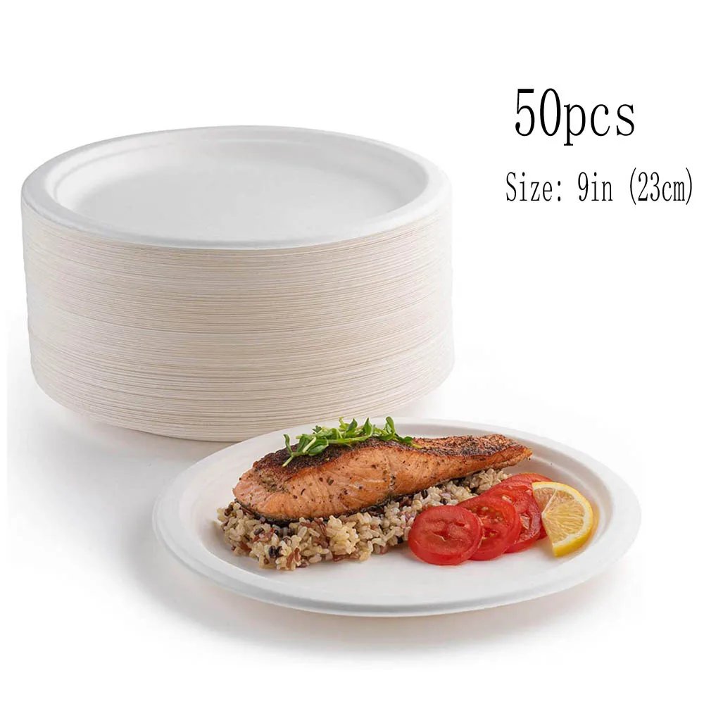 50 Disposable Plates Paperd and Spoon 100% Biodegradable Heavy-Duty Natural Sugarcane Bag-Like Fibers Tableware Compostable