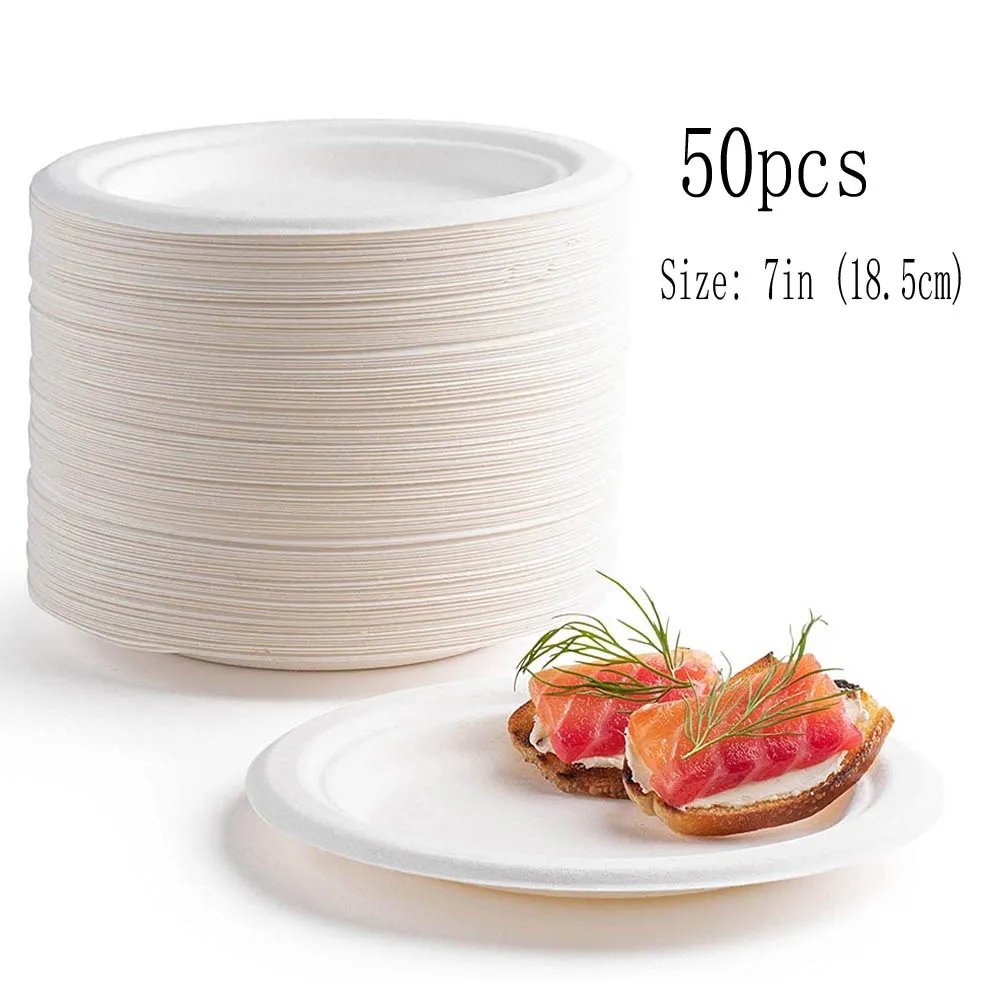 50 Disposable Plates Paperd and Spoon 100% Biodegradable Heavy-Duty Natural Sugarcane Bag-Like Fibers Tableware Compostable