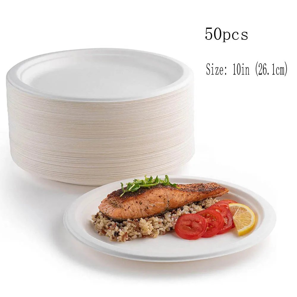 50 Disposable Plates Paperd and Spoon 100% Biodegradable Heavy-Duty Natural Sugarcane Bag-Like Fibers Tableware Compostable