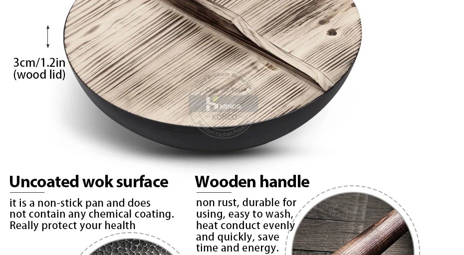 Konco Iron wok Cast iron pan Non-coated Pot General use for Gas and Induction Cooker 32cm Chinese Wok Cookware Pan Kitchen Tools