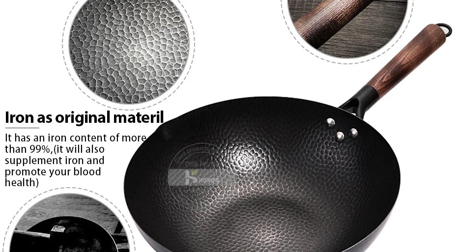 Konco Iron wok Cast iron pan Non-coated Pot General use for Gas and Induction Cooker 32cm Chinese Wok Cookware Pan Kitchen Tools