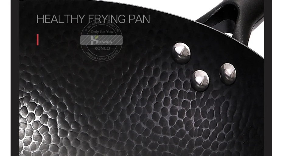 Konco Iron wok Cast iron pan Non-coated Pot General use for Gas and Induction Cooker 32cm Chinese Wok Cookware Pan Kitchen Tools