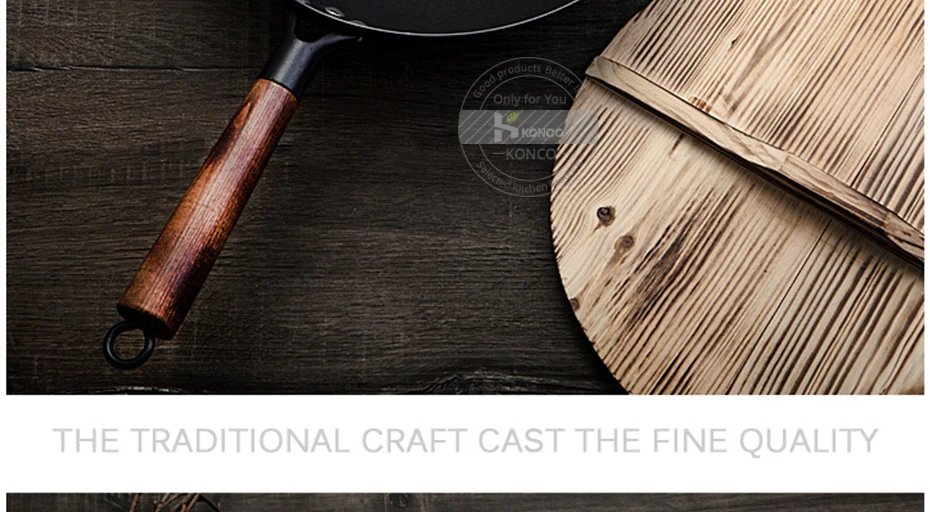 Konco Iron wok Cast iron pan Non-coated Pot General use for Gas and Induction Cooker 32cm Chinese Wok Cookware Pan Kitchen Tools