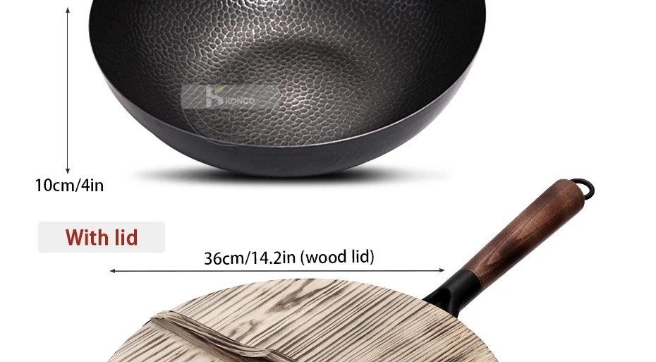 Konco Iron wok Cast iron pan Non-coated Pot General use for Gas and Induction Cooker 32cm Chinese Wok Cookware Pan Kitchen Tools