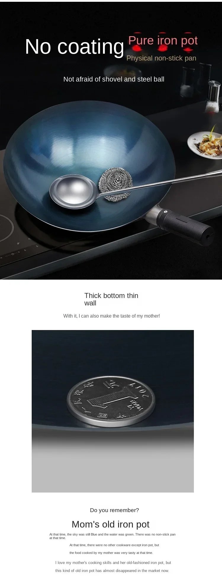 32/34cm Seasoning Blue Iron Wok Uncoated Nonstick Pot Lightweight Classic Chef Wok Outdoor Kitchen Cookware for Gas Stove