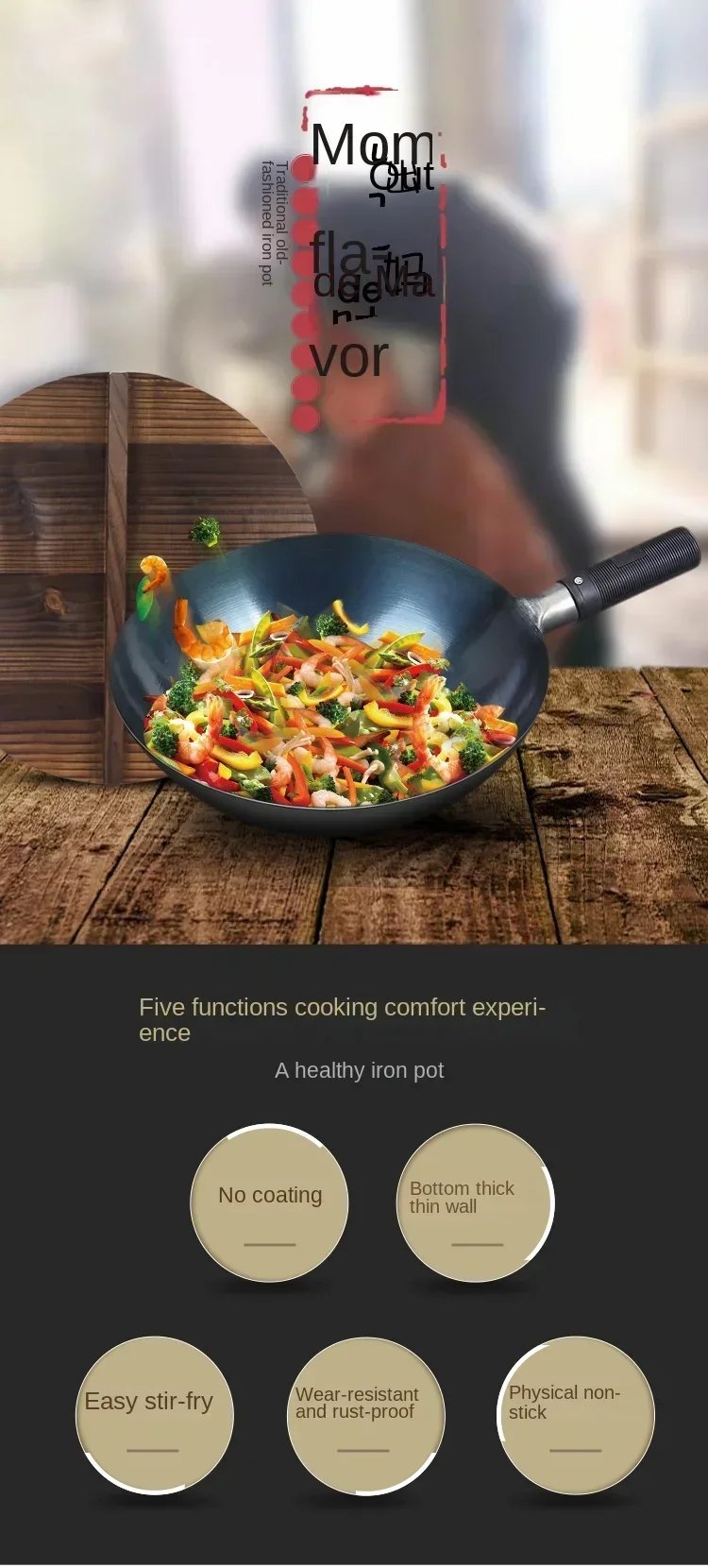 32/34cm Seasoning Blue Iron Wok Uncoated Nonstick Pot Lightweight Classic Chef Wok Outdoor Kitchen Cookware for Gas Stove