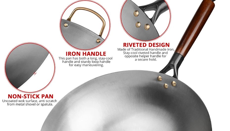 Traditional iron wok,Non-coating Woks Hand forged  For Kitchen PanWooden Handle Wok Kitchen Gas Pot Cookware