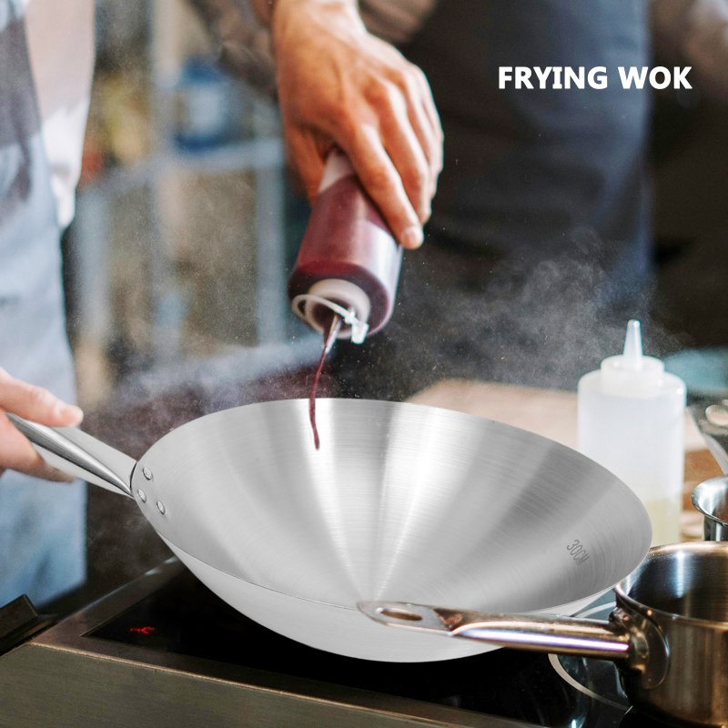 Chinese Wok Pan Round Bottom Wok Everyday Wok Stainless Steel Saute Pan Stainless Steel Wok Wooden Handle Chinese Fry Pan