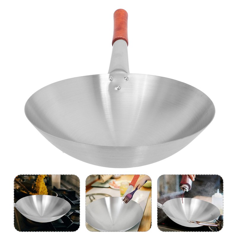 Chinese Wok Pan Round Bottom Wok Everyday Wok Stainless Steel Saute Pan Stainless Steel Wok Wooden Handle Chinese Fry Pan