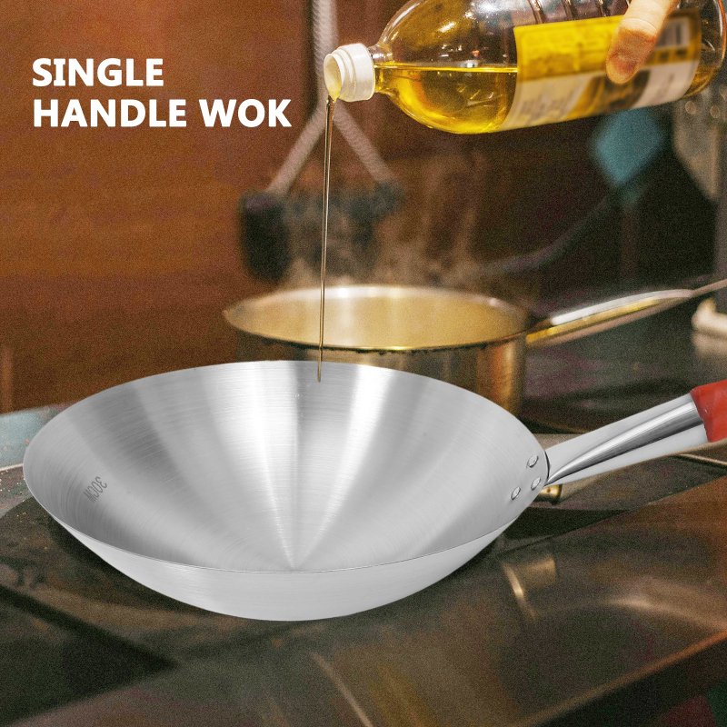 Chinese Wok Pan Round Bottom Wok Everyday Wok Stainless Steel Saute Pan Stainless Steel Wok Wooden Handle Chinese Fry Pan