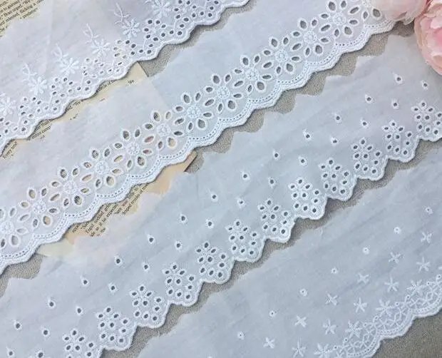 HOT Cotton Embroidered White Flower Lace Fabric Dubai Wide Sewing DIY Trim Wedding Applique Ribbon Collar Cloth Guipure Decor