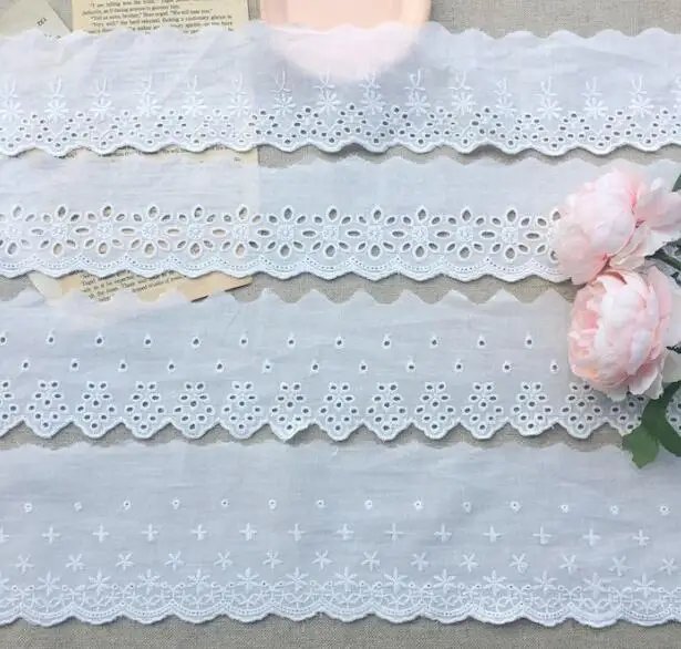 HOT Cotton Embroidered White Flower Lace Fabric Dubai Wide Sewing DIY Trim Wedding Applique Ribbon Collar Cloth Guipure Decor