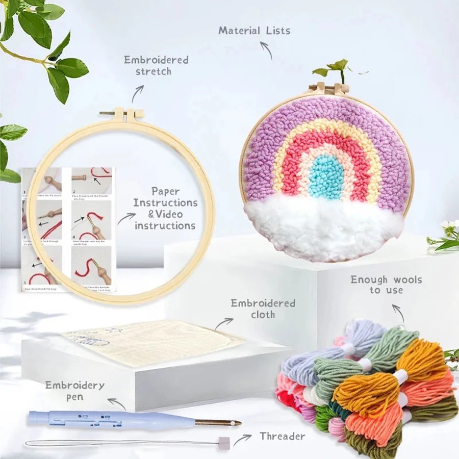 RUOPOTY 20x20cm Punch Needle Embroidery Starter Kits For Beginners Punch Needle Embroidery Hoops Animals Picture Diy Crafts