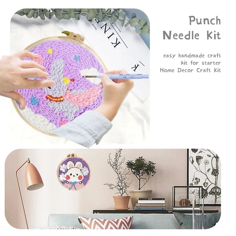 RUOPOTY 20x20cm Punch Needle Embroidery Starter Kits For Beginners Punch Needle Embroidery Hoops Animals Picture Diy Crafts