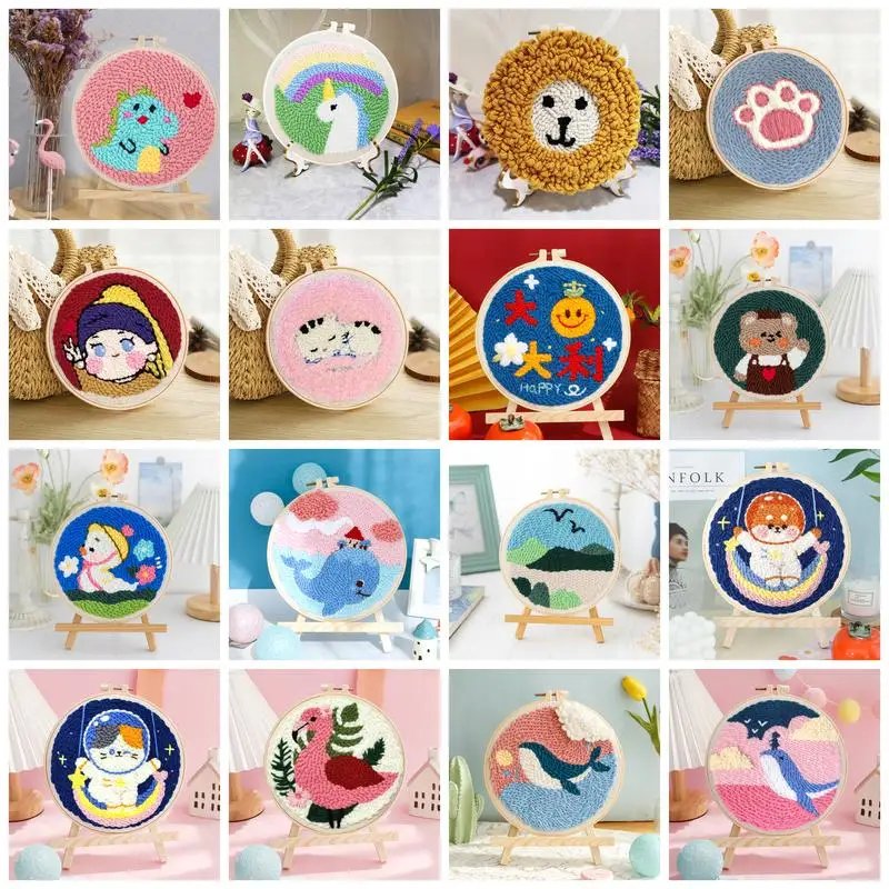RUOPOTY 20x20cm Punch Needle Embroidery Starter Kits For Beginners Punch Needle Embroidery Hoops Animals Picture Diy Crafts