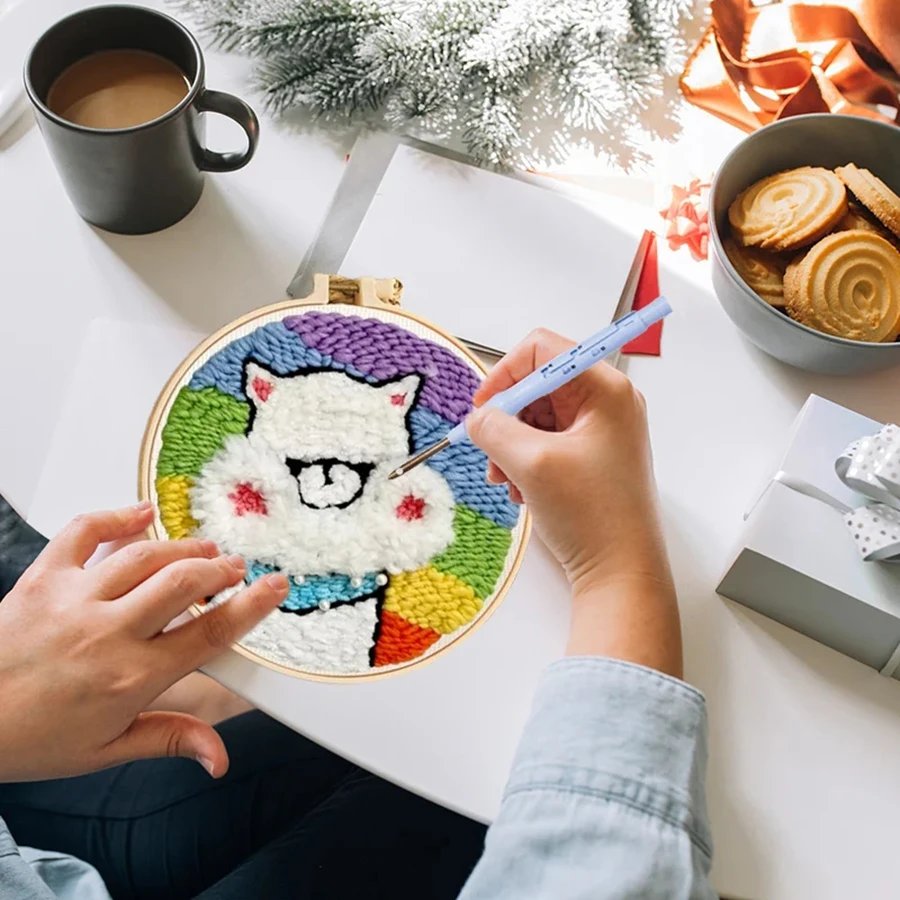 RUOPOTY 20x20cm Punch Needle Embroidery Starter Kits For Beginners Punch Needle Embroidery Hoops Animals Picture Diy Crafts