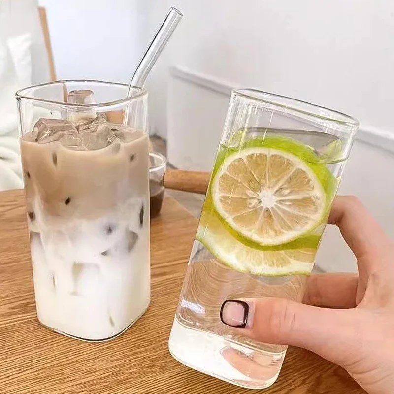 Square Coffee Glass Cup With Lid and Straw Transparent glasses Milk Tea Juice Cups ice Mug For Drinkware Square Coffee Glass Cup With Lid and Straw Transparent glasses Milk Tea Juice Cups ice Mug For Drinkware