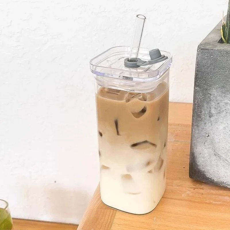 Square Coffee Glass Cup With Lid and Straw Transparent glasses Milk Tea Juice Cups ice Mug For Drinkware Square Coffee Glass Cup With Lid and Straw Transparent glasses Milk Tea Juice Cups ice Mug For Drinkware