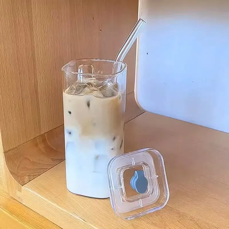 Square Coffee Glass Cup With Lid and Straw Transparent glasses Milk Tea Juice Cups ice Mug For Drinkware Square Coffee Glass Cup With Lid and Straw Transparent glasses Milk Tea Juice Cups ice Mug For Drinkware