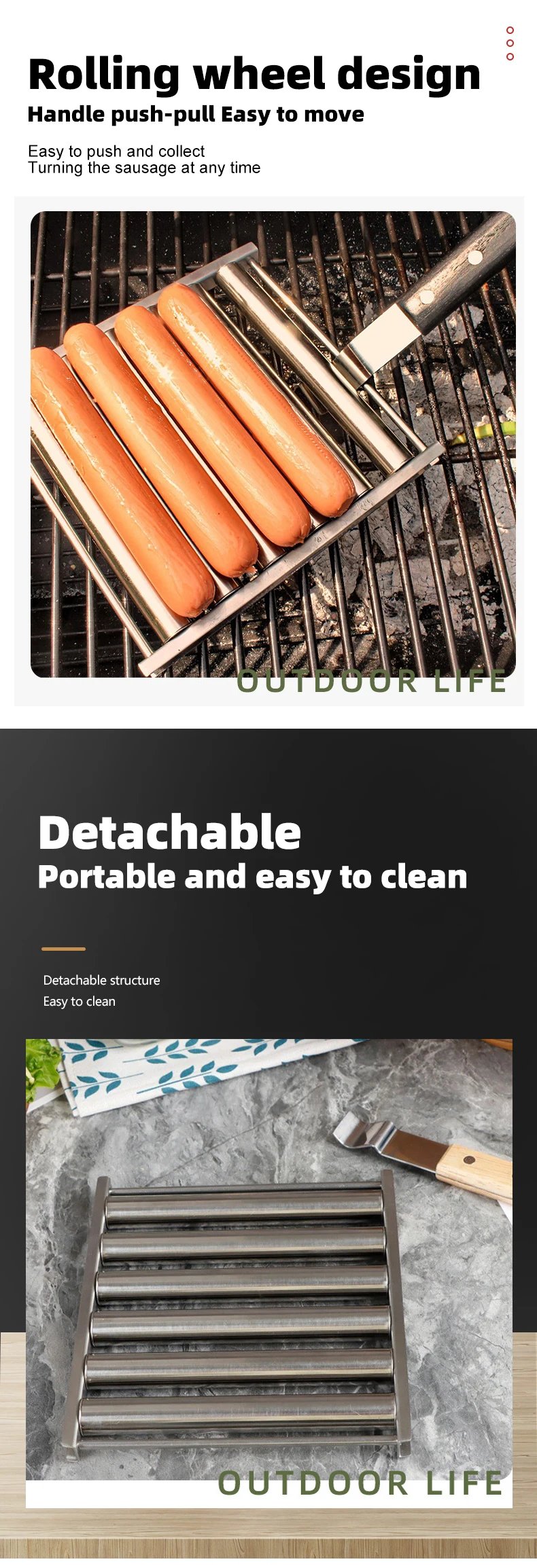 Hot Dog Roller Rack, Stainless Steel Outdoors BBQ Sausage Grill Pan With Long Wood Handle,New Barbecue Tools