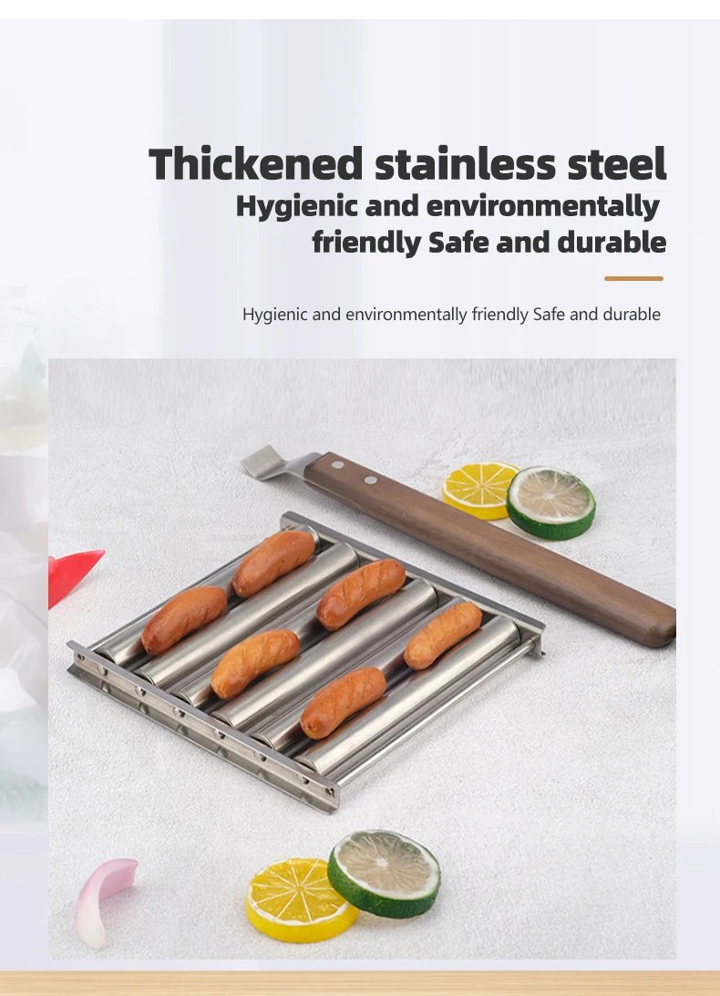 Hot Dog Roller Rack, Stainless Steel Outdoors BBQ Sausage Grill Pan With Long Wood Handle,New Barbecue Tools