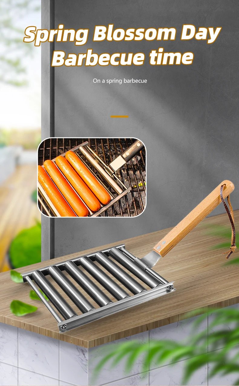 Hot Dog Roller Rack, Stainless Steel Outdoors BBQ Sausage Grill Pan With Long Wood Handle,New Barbecue Tools