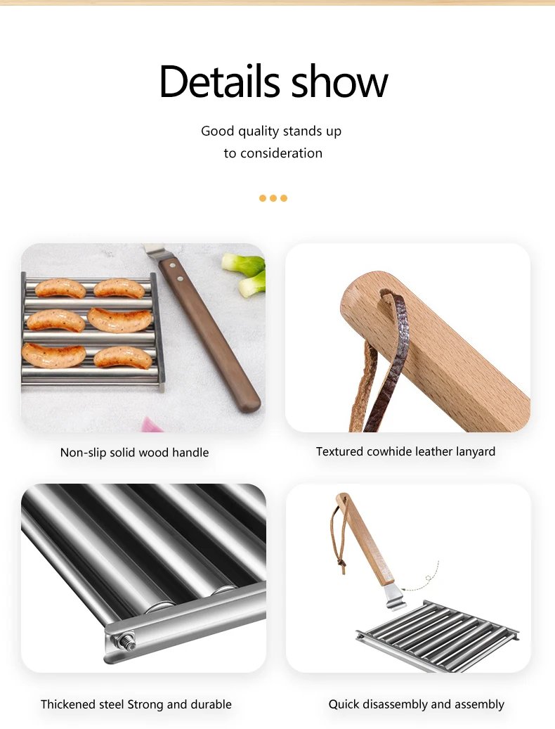 Hot Dog Roller Rack, Stainless Steel Outdoors BBQ Sausage Grill Pan With Long Wood Handle,New Barbecue Tools