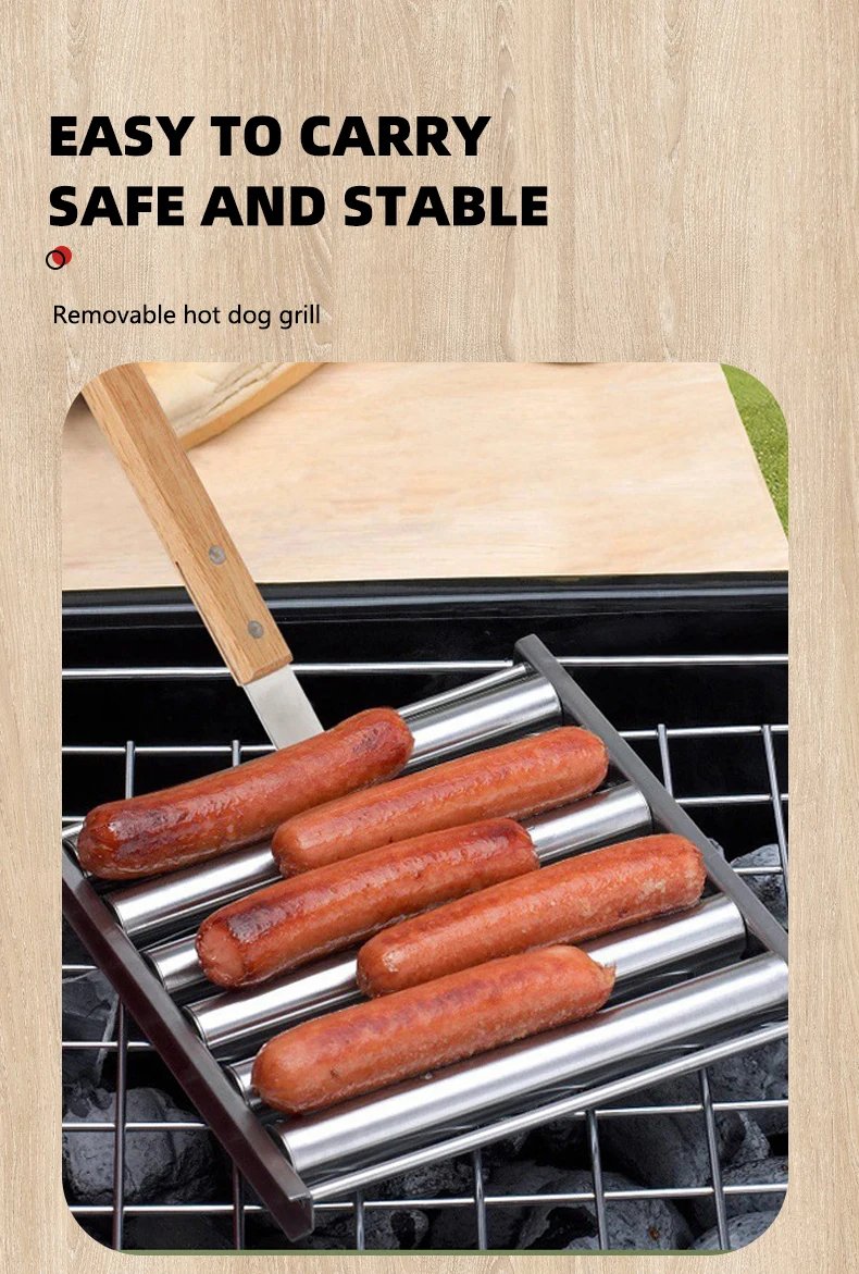 Hot Dog Roller Rack, Stainless Steel Outdoors BBQ Sausage Grill Pan With Long Wood Handle,New Barbecue Tools