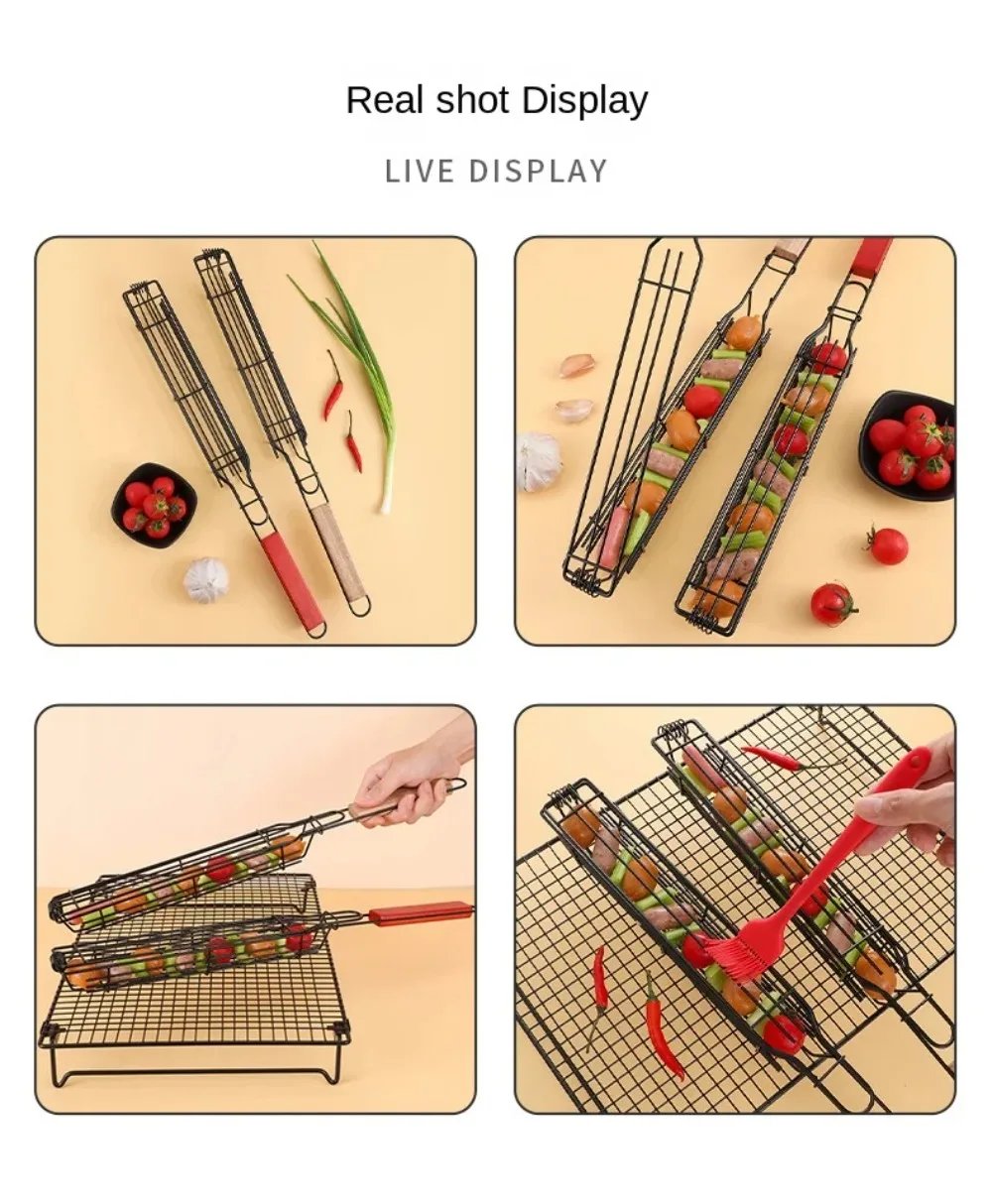 Barbecue Grill Stainless Steel Non-Stick Grill Basket with Handle BBQ Roast Rack for Home Outdoor Picnic Kitchen Dining Tools