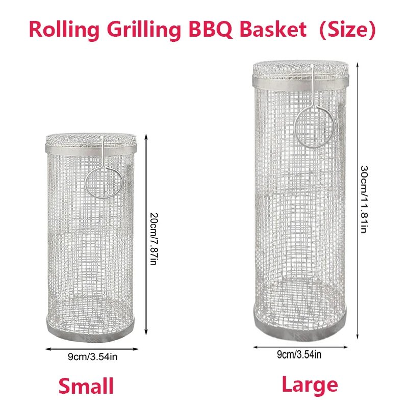 Rolling Grilling BBQ Basket Stainless Steel Leak proof Mesh Barbecue Rack Outdoor Picnic Camping Simple Cylindrical BBQ Grill
