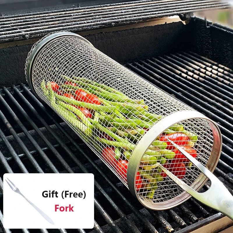 Rolling Grilling BBQ Basket Stainless Steel Leak proof Mesh Barbecue Rack Outdoor Picnic Camping Simple Cylindrical BBQ Grill