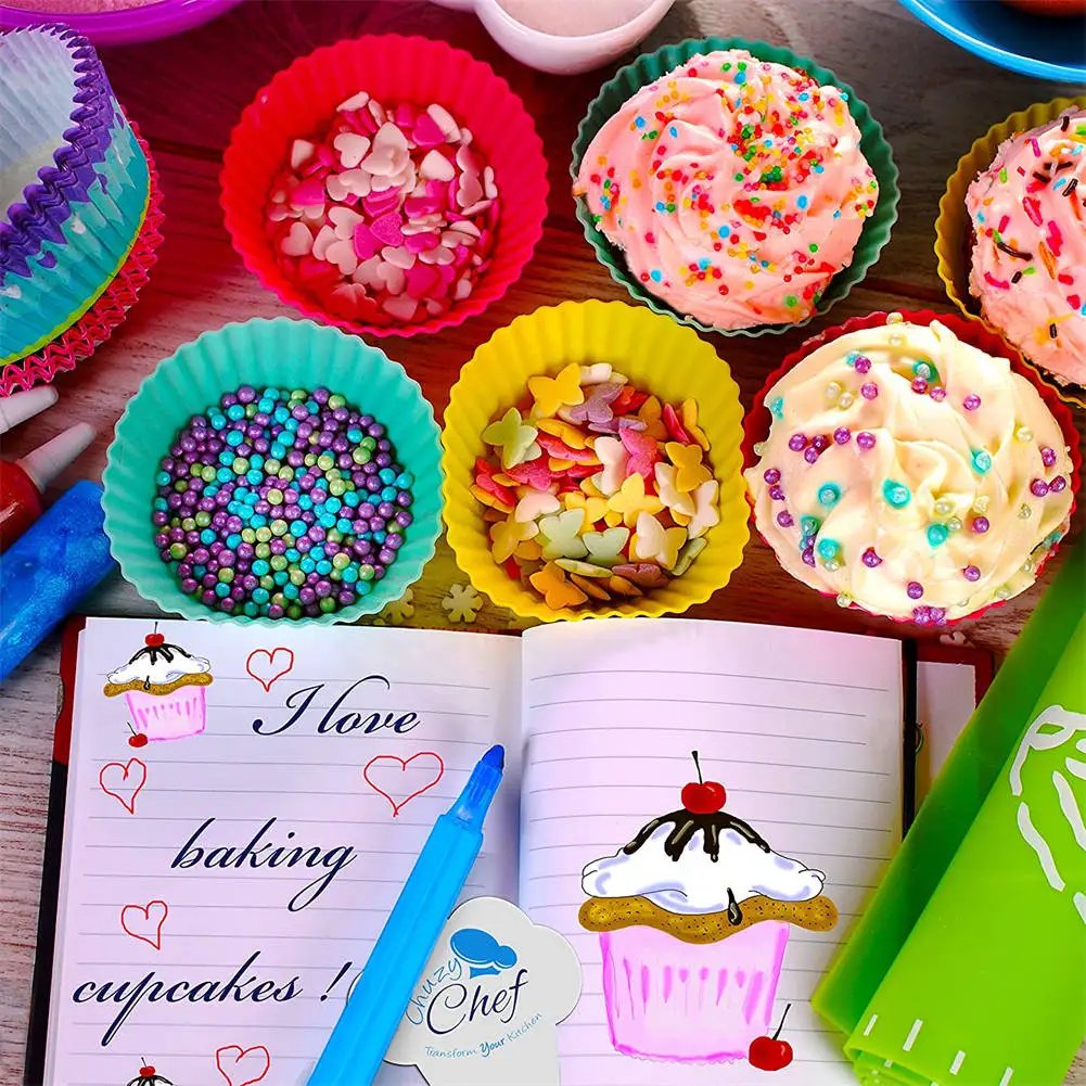 12pcs/Set Silicone Cake Mold Round Shaped DIY Cake Decorating Tools Muffin Cupcake Baking Molds Kitchen Cooking Bakeware Maker