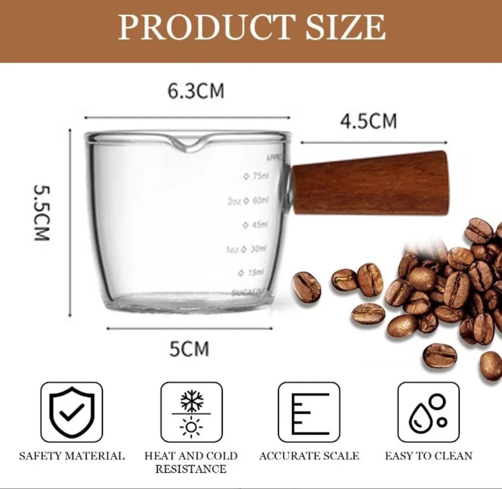 100ml Coffee Cup with Graduated Glass Dosing Mup Resistant Tropical Wooden Handle Espresso Cups for Barista Milk Coffeeware
