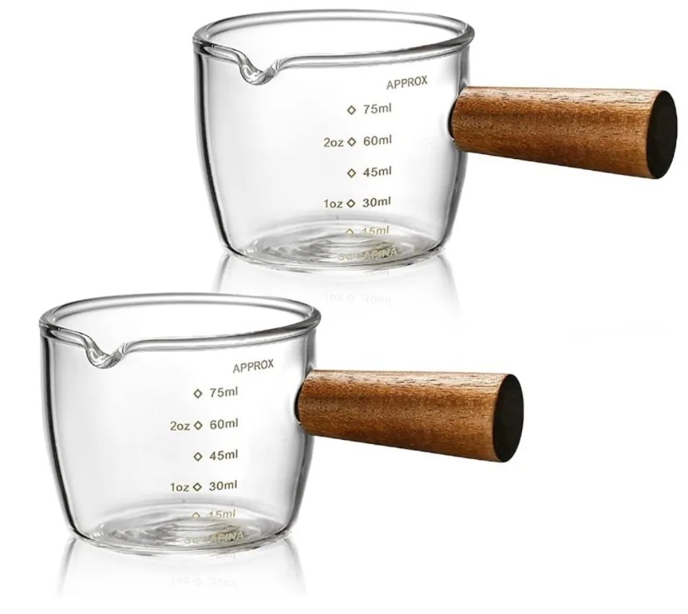 100ml Coffee Cup with Graduated Glass Dosing Mup Resistant Tropical Wooden Handle Espresso Cups for Barista Milk Coffeeware