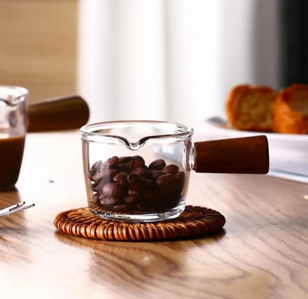 100ml Coffee Cup with Graduated Glass Dosing Mup Resistant Tropical Wooden Handle Espresso Cups for Barista Milk Coffeeware