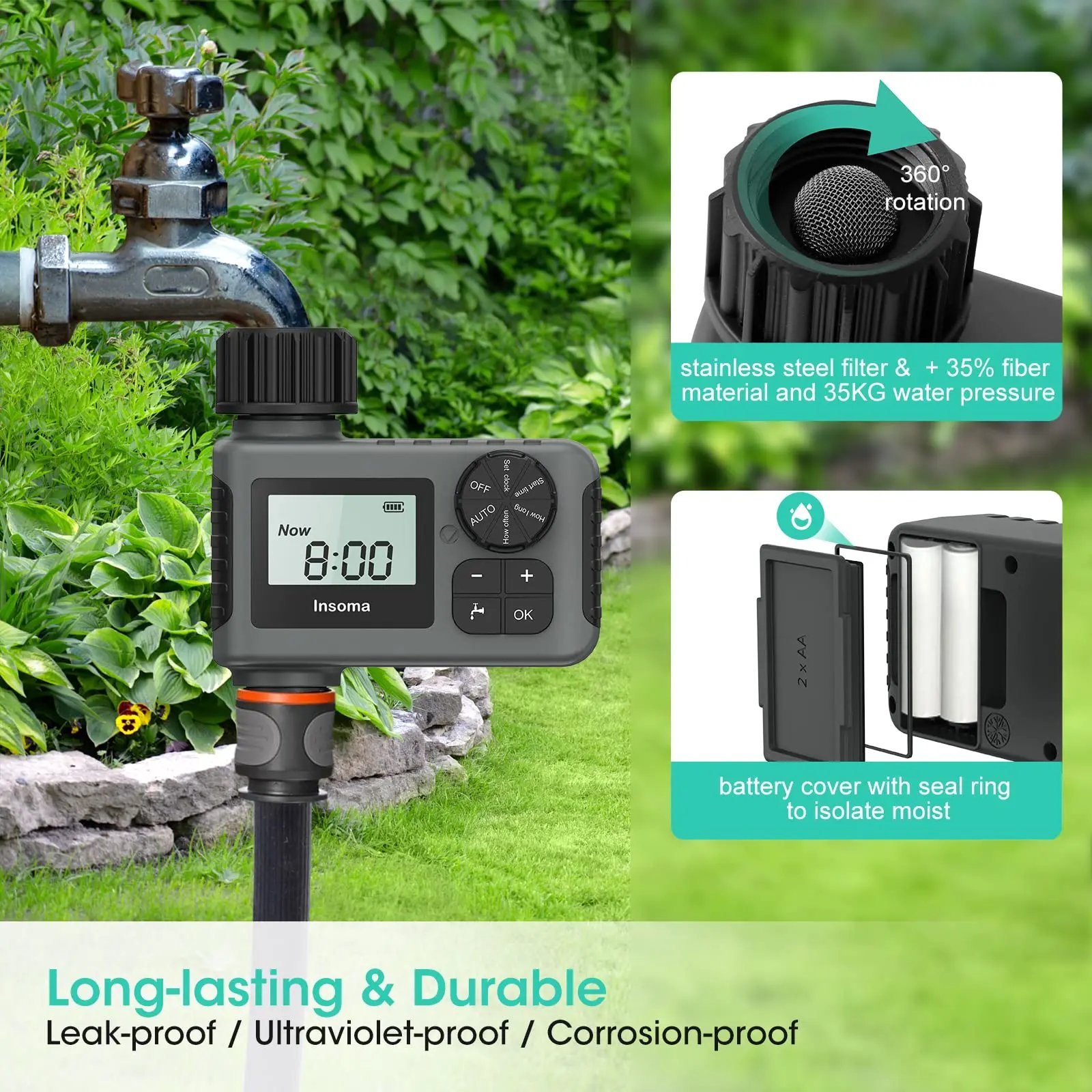 Insoma Automatic Water Timer Intelligent Irrigation Watering System Sprinkler Timer Garden Programmer Equipment IPX5 LCD Display Insoma Automatic Water Timer Intelligent Irrigation Watering System Sprinkler Timer Garden Programmer Equipment IPX5 LCD Display