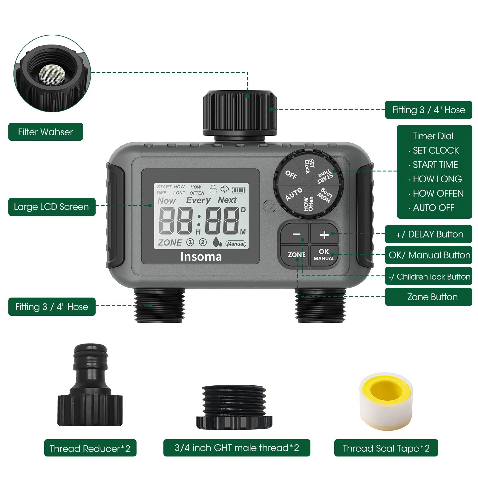 Insoma Smart Irrigation Watering System Dual Outlets Automatic Water Timer Sprinkle Faucet Hose Programmer for Garden Outdoor Insoma Smart Irrigation Watering System Dual Outlets Automatic Water Timer Sprinkle Faucet Hose Programmer for Garden Outdoor