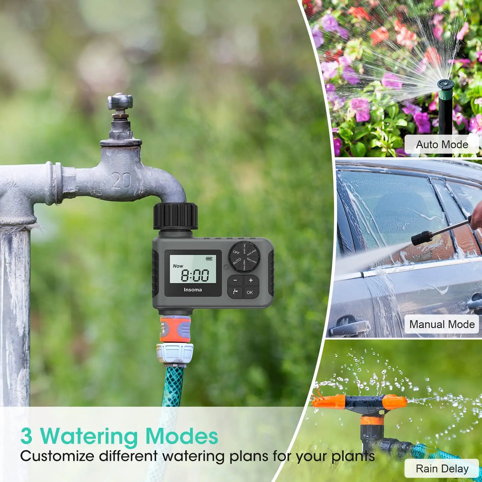 INSOMA Automatic Water Timer Intelligent Irrigation Watering System Sprinkler Timer Garden Programmer Equipment LCD Display IPX5 INSOMA Automatic Water Timer Intelligent Irrigation Watering System Sprinkler Timer Garden Programmer Equipment LCD Display IPX5