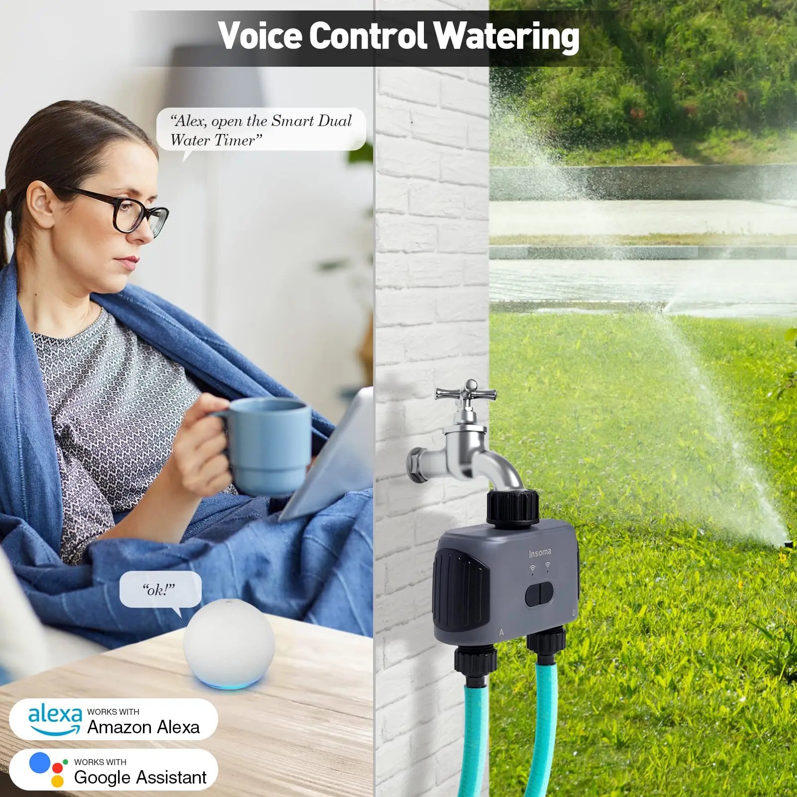 Insoma Automatic Water Timer with Wifi Hube 2-Outlet Garden Irrigation Watering System Sprinkler Programmer Tools support Alexa Insoma Automatic Water Timer with Wifi Hube 2-Outlet Garden Irrigation Watering System Sprinkler Programmer Tools support Alexa