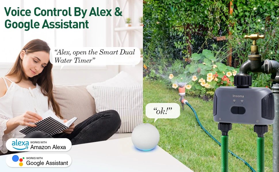 Insoma Automatic Water Timer with Wifi Hube 2-Outlet Garden Irrigation Watering System Sprinkler Programmer Tools support Alexa