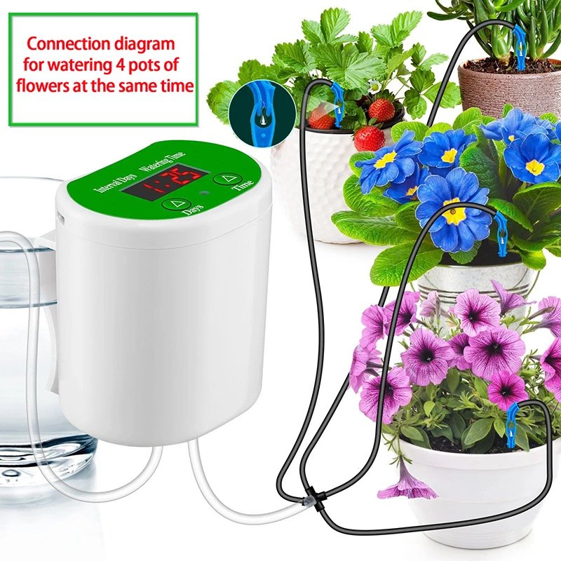 An intelligent timed automatic flower waterer, potted lazy watering, drip water seepage water applicator, gardening green plant