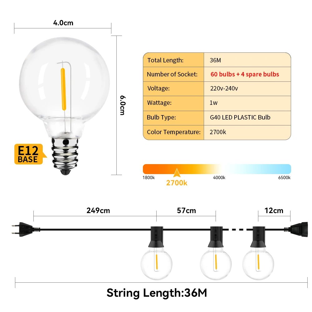 G40 LED 36 m outdoor string light with 64 plastic bulbs Attachable outdoor string light for gardens, weddings, parties, terraces