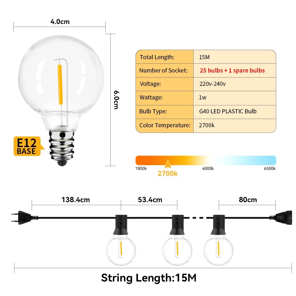 G40 LED 36 m outdoor string light with 64 plastic bulbs Attachable outdoor string light for gardens, weddings, parties, terraces
