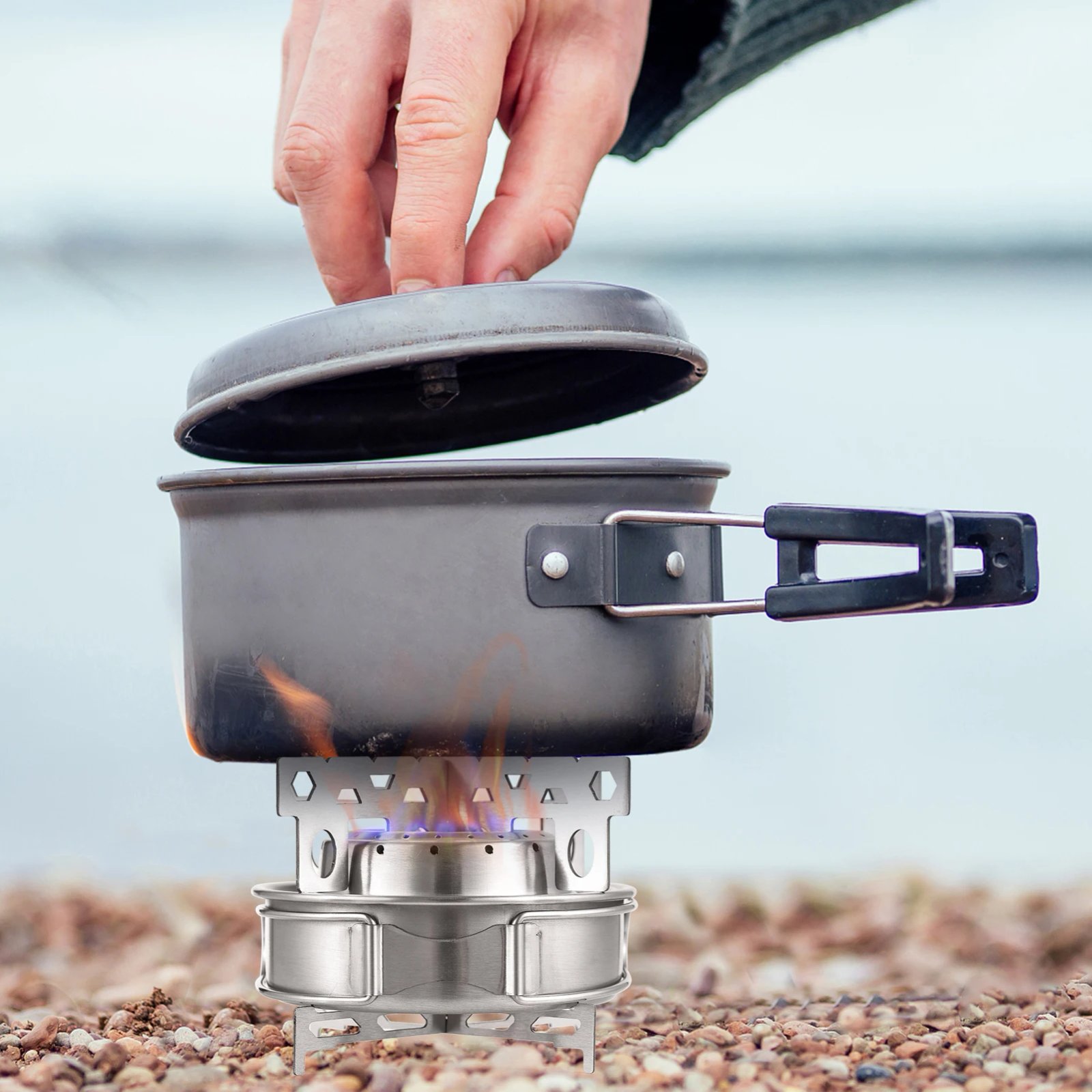 Tomshoo Portable Outdoor Stainless Steel Alcohol Stove with Foldable Handles for Camping Hiking Backpacking Picnic Survival