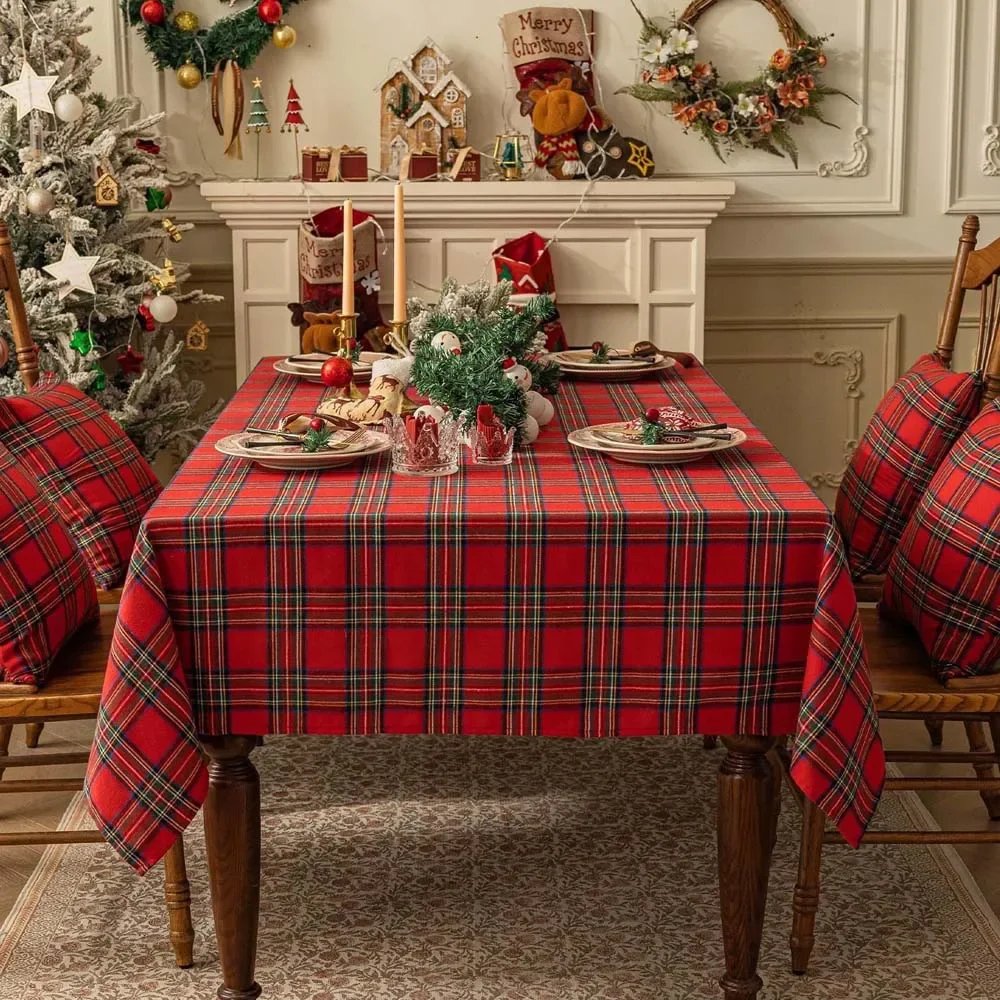 Plaid Tablecloth Xmas Christmas Red Green Rectangle Party Table Cloth Vintage Dining Table Cover for Home Living Room Decoration