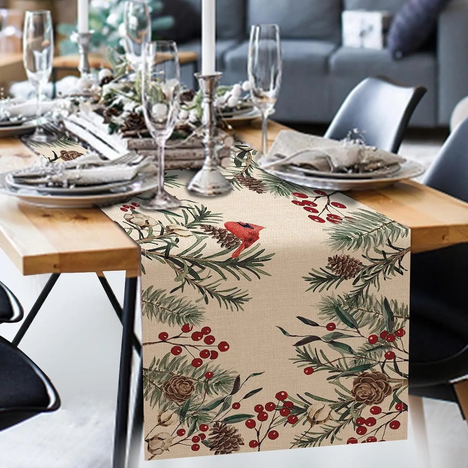 Christmas Pine Needle Linen Table Runner Dresser Scarf Pine Cone Cardinal Red Birds Kitchen Table Runner Christmas Decorations Christmas Pine Needle Linen Table Runner Dresser Scarf Pine Cone Cardinal Red Birds Kitchen Table Runner Christmas Decorations