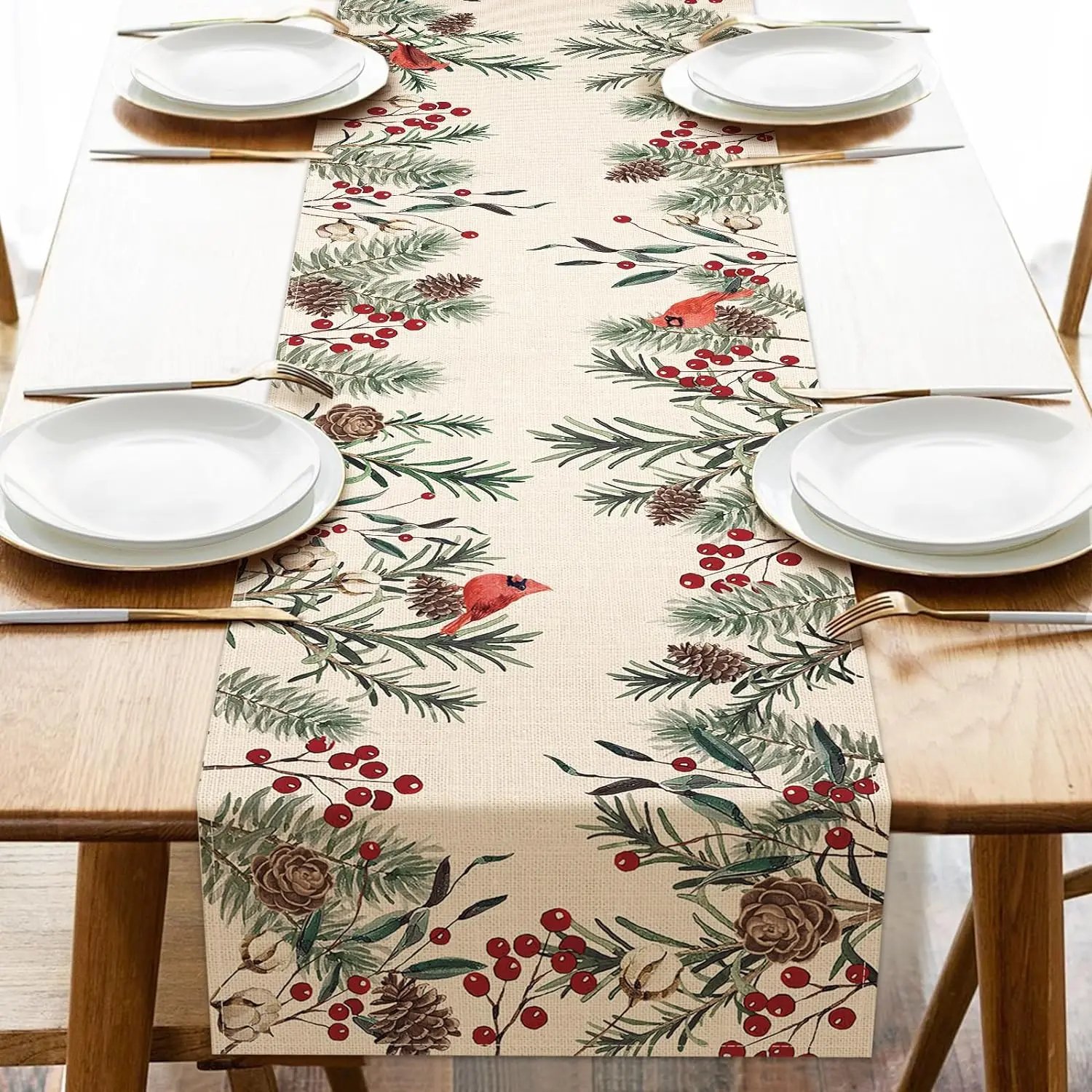 Christmas Pine Needle Linen Table Runner Dresser Scarf Pine Cone Cardinal Red Birds Kitchen Table Runner Christmas Decorations Christmas Pine Needle Linen Table Runner Dresser Scarf Pine Cone Cardinal Red Birds Kitchen Table Runner Christmas Decorations