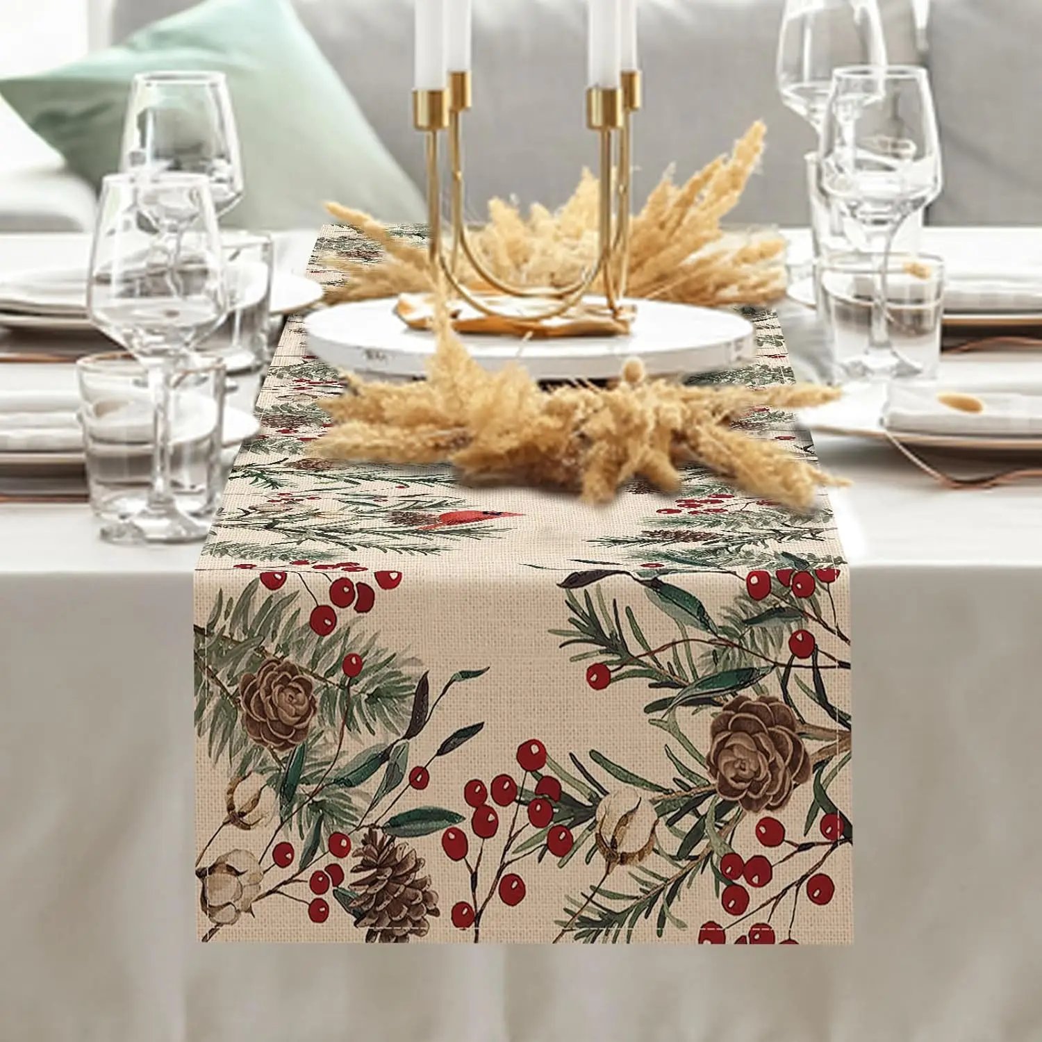 Christmas Pine Needle Linen Table Runner Dresser Scarf Pine Cone Cardinal Red Birds Kitchen Table Runner Christmas Decorations Christmas Pine Needle Linen Table Runner Dresser Scarf Pine Cone Cardinal Red Birds Kitchen Table Runner Christmas Decorations