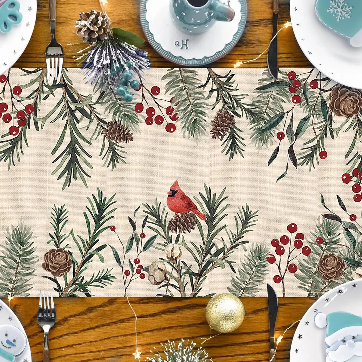 Christmas Pine Needle Linen Table Runner Dresser Scarf Pine Cone Cardinal Red Birds Kitchen Table Runner Christmas Decorations Christmas Pine Needle Linen Table Runner Dresser Scarf Pine Cone Cardinal Red Birds Kitchen Table Runner Christmas Decorations