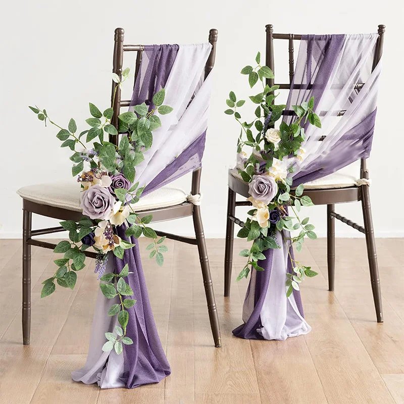 3Pcs Chiffon Chair Sashes Wedding Chair Covers Ribbon Baby Shower Party Aisle Artificial Flower Chair Cover Hotel Banquet Decor